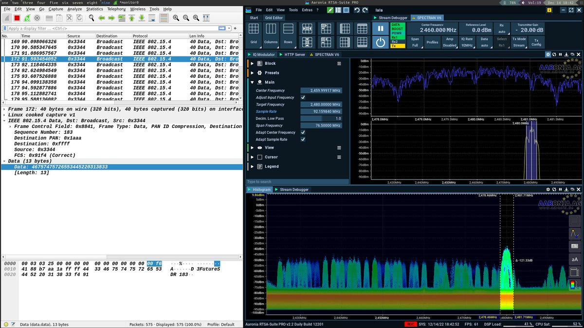 Yay, first successful TX of some ZigBee frames from FutureSDR + Aaronia Spectran v6 to an ATUSB IEEE 802.15.4 USB adapter. Still using the HTTP Server. Next step will be trying to FFI the native driver.