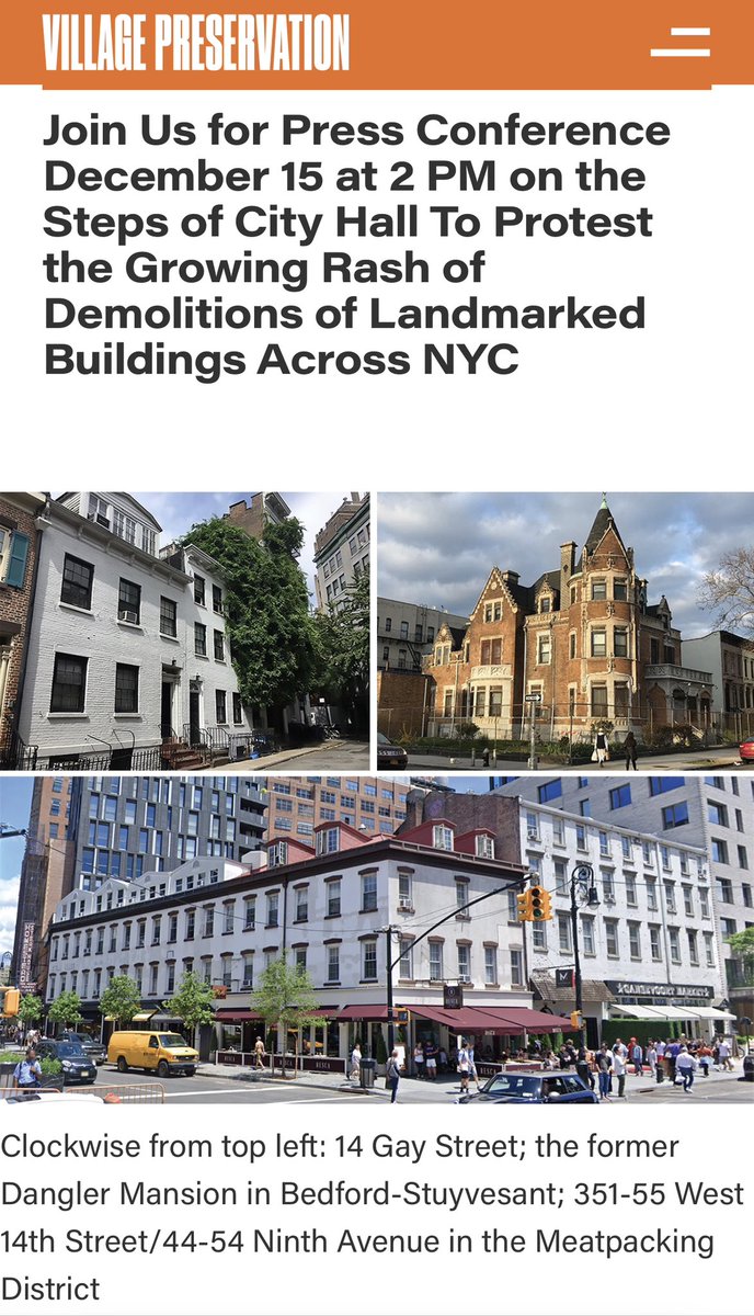 Join us @hdc <a href="/ebottcher/">Erik Bottcher</a> <a href="/ChrisMarteNYC/">Christopher Marte</a> <a href="/SaveHarlemNow/">Save Harlem Now</a> <a href="/MountMorrisPakr/">MMPCIA</a> <a href="/friendsoftheues/">FRIENDS of the Upper East Side</a> <a href="/justicefor441/">Willoughby Hart Historic District</a> and more tomorrow at 2pm on the steps of City Hall to demand the City stops the growing tide of demolitions of NYC landmarks+protects our history: villagepreservation.org/campaign-updat…