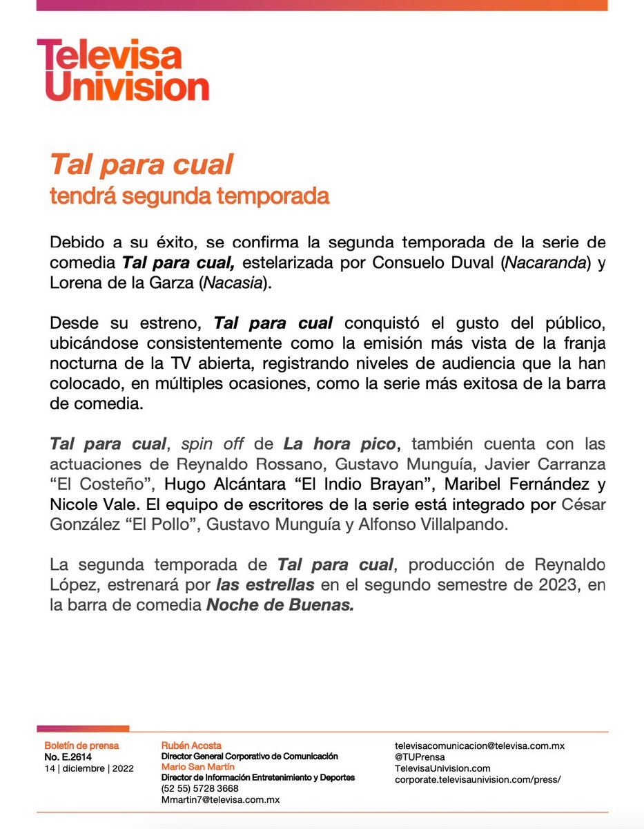 #TalParaCual tendrá segunda temporada
👏👏👏🔝📺😎
<a href="/talparacualtv/">Tal Para Cual</a> <a href="/reynaldolopeztv/">Reynaldo López</a>