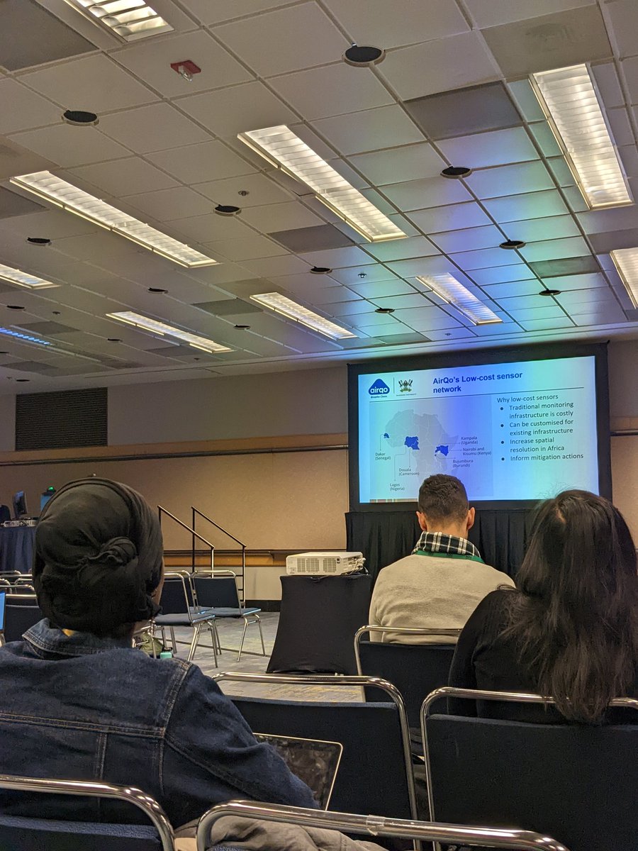Presentation by <a href="/AirQoProject/">AirQo</a> at #agu22 on low cost sensor air measurements (and sensor manufacturing/calibration) in Kampala in the air quality in Africa session!