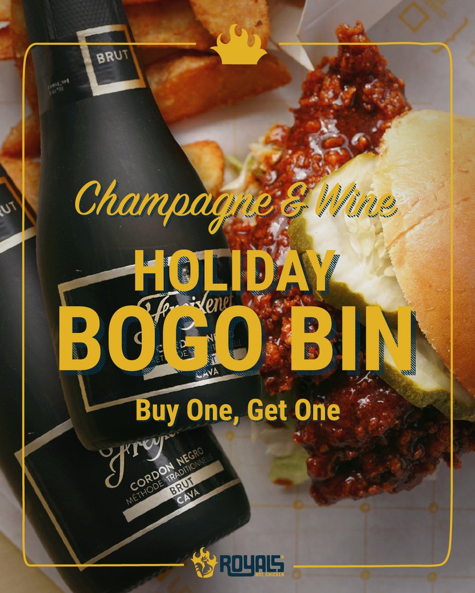 ✨ 𝙍𝙖𝙧𝙚 𝙁𝙞𝙣𝙙 ✨ We're suplexing the holiday cheer with a super rare Buy One, Get One deal on select Champagne and Wine. Look for the BOGO bin next to our register at Royals Hot Chicken in Nulu. This offer is only good while supplies last so hustle in.