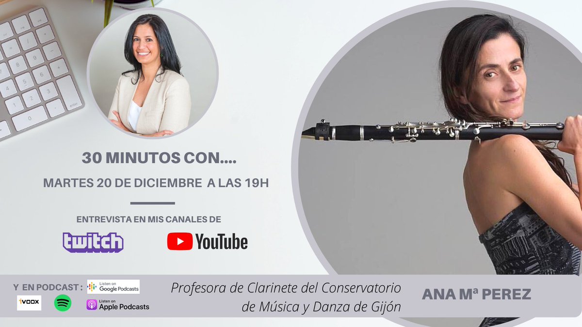 ✅Y en el último #30minutos de 2022 tendremos a <a href="/aninamasana/">Ana María Pérez Martínez</a> profesora de #clarinete del Conservatorio de #Gijón 

Elige tu canal⬇️

📽️Twitch bit.ly/3mZDbyw
📽️YouTube bit.ly/3EC7ItC
🎧Ivoox bit.ly/3ffrWgj
🎧Spotify bit.ly/3V2L5W3