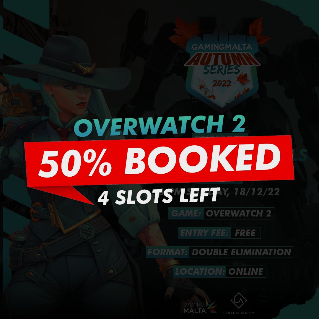 🚨 50% BOOKED 🚨

We only have 4 spots left in our GamingMalta Autumn Series Overwatch tournament! Register now to confirm your team's slot!                                                                                                                
levelacademy.com.mt/portfolio/acti…