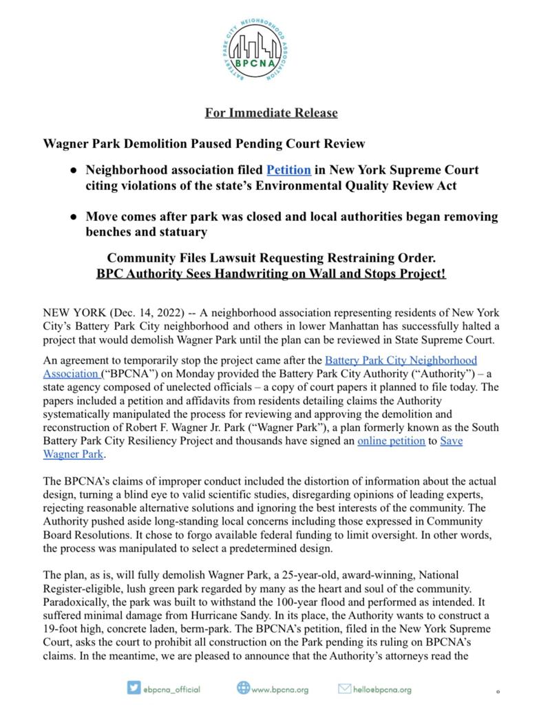 BPCNA_official's tweet photo. #BREAKINGNEWS Wagner Park Demolition Paused Pending Court Review: @BPCNA_official and @SaveWagnerPark have successfully halted a project that would demolish Wagner Park until the plan can be reviewed in State Supreme Court. #SaveWagnerPark https://t.co/Niudkq5f8a