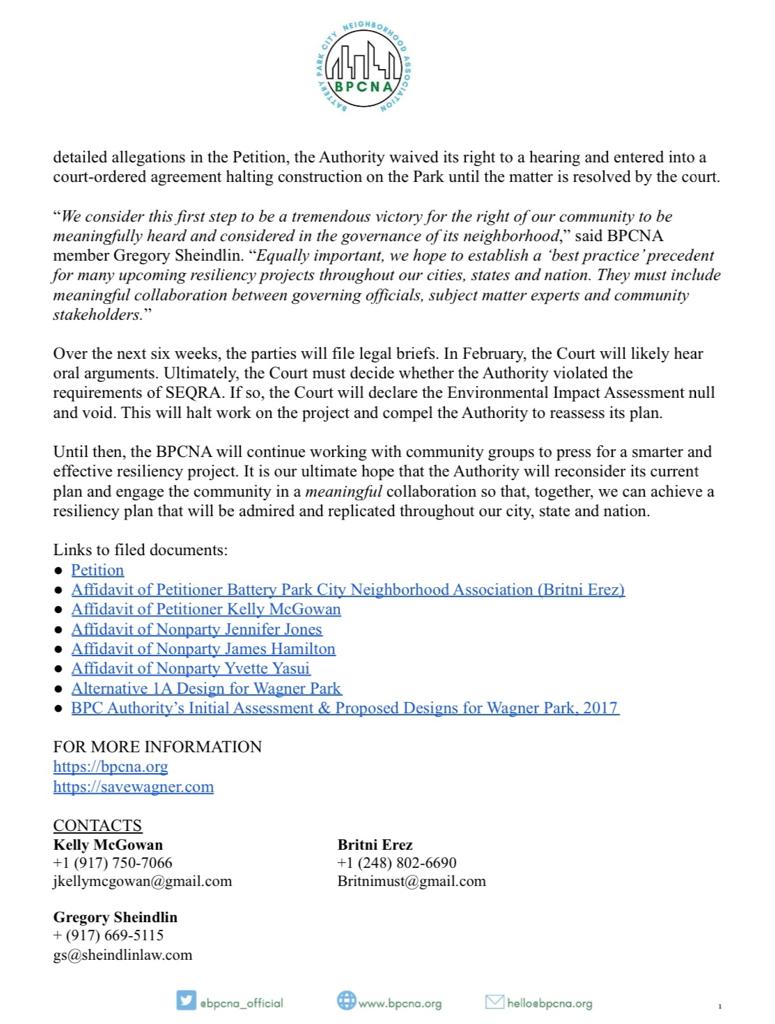 #BREAKINGNEWS Wagner Park Demolition Paused Pending Court Review: <a href="/BPCNA_official/">BPCNA</a> and <a href="/SaveWagnerPark/">SaveWagnerPark</a> have successfully halted a project that would demolish Wagner Park until the plan can be reviewed in State Supreme Court. #SaveWagnerPark