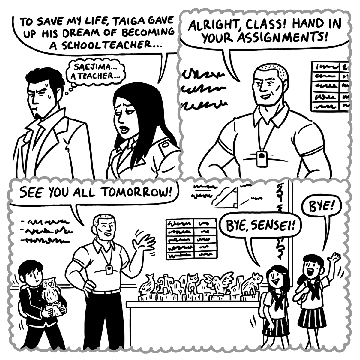 School supplies for Saejima's class: textbook, chisel, a supply of wooden logs... 