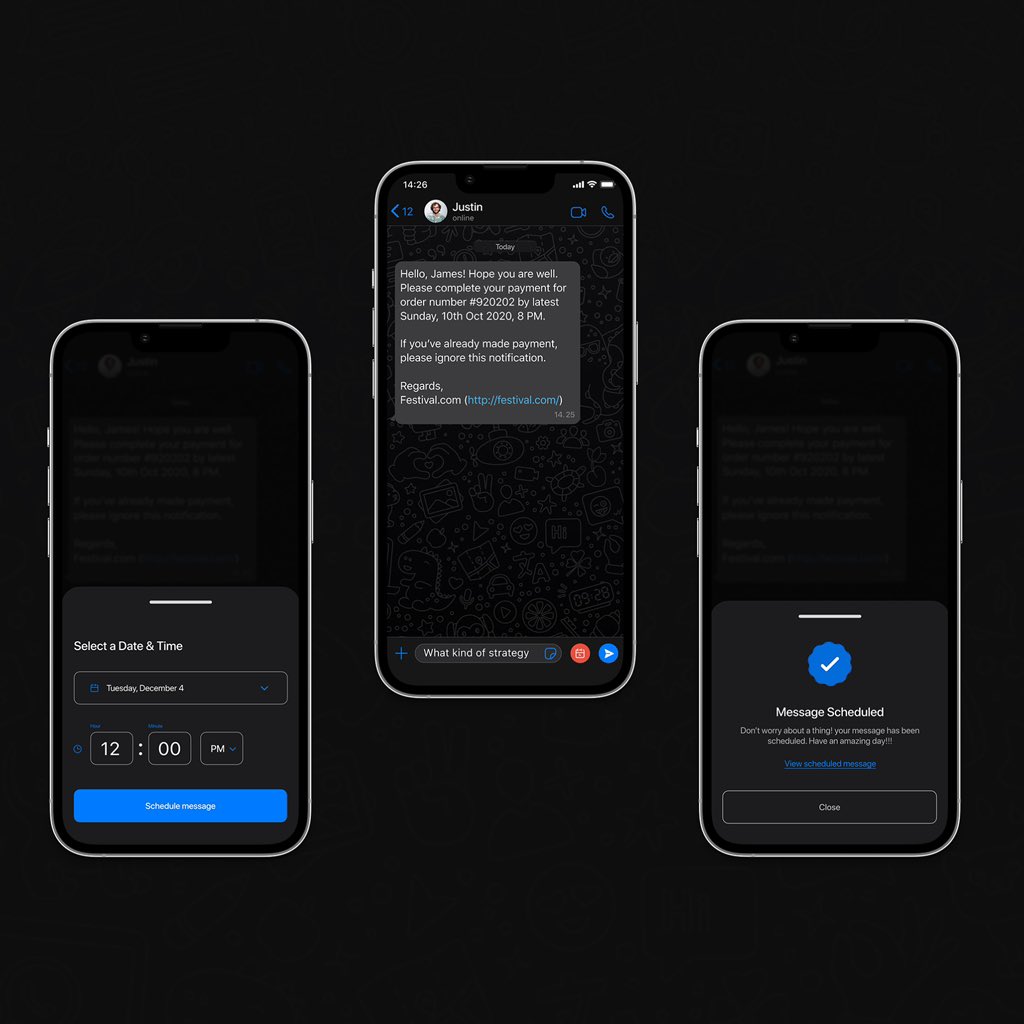 steeev_y's tweet photo. Hi Guys....

I've been, focusing on my UX process and I did a research on @WhatsApp Scheduled Messaging. This allows users schedule messages on the app. It took me about 2 weeks to complete this mini project.

Here's the Case Study on Behance:
https://t.co/LvDJnjt1tI https://t.co/DsNw1wkatX