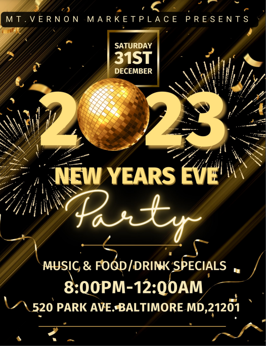 Ring in the new year with friends and family at the Mt.Vernon Marketplace 2023 New Years Eve Party🎉There will be food, music, drinks and more from 8:00PM- 12:00AM. We cant wait to celebrate with you!
