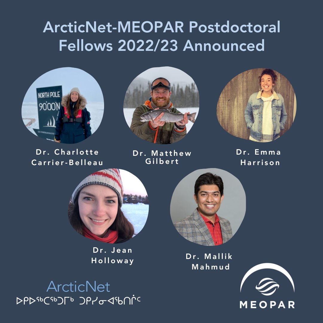 AN and @MEOPAR_NCE  are pleased to announce the recipients of the ArcticNet-MEOPAR Postdoctoral Fellowship for 2022/23! Congratulations to Charlotte Carrier-Belleau, Matthew Gilbert, Emma Harrison, <a href="/jholloway15/">Jean Holloway, PhD</a>, <a href="/MallikMahmud/">Mallik Mahmud</a>! Click here for more info; arcticnet.ulaval.ca/arcticnet-meop…