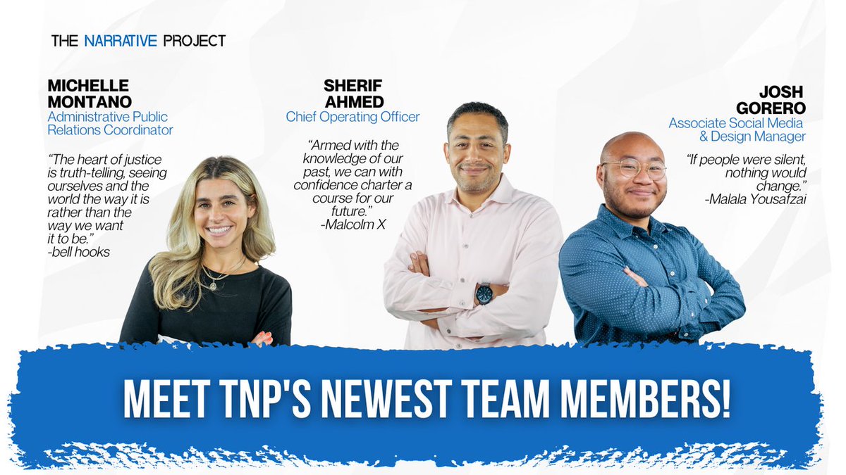 TNP_CT's tweet image. The team is g r o w i n g! We are so happy to introduce you to Sherif, Michelle and Josh. Visit our website to learn more about the knowledge and experiences they bring to our work at TNP.
#TheNarrativeProject