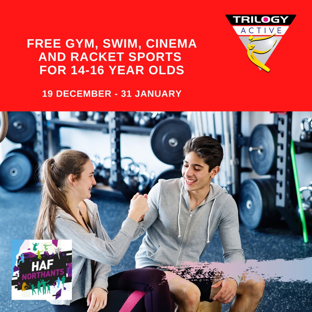 Is your child 14-16 &amp; receiving free school meals?  We're delighted to offer free gym, swim, cinema &amp; off peak racket sports between 19 December &amp; 31 January as part of our Christmas HAF programme in partnership with <a href="/Nsport/">Northamptonshire Sport</a> and @NorthantsPH  Details here trilogyactive.co.uk/junior-activit…