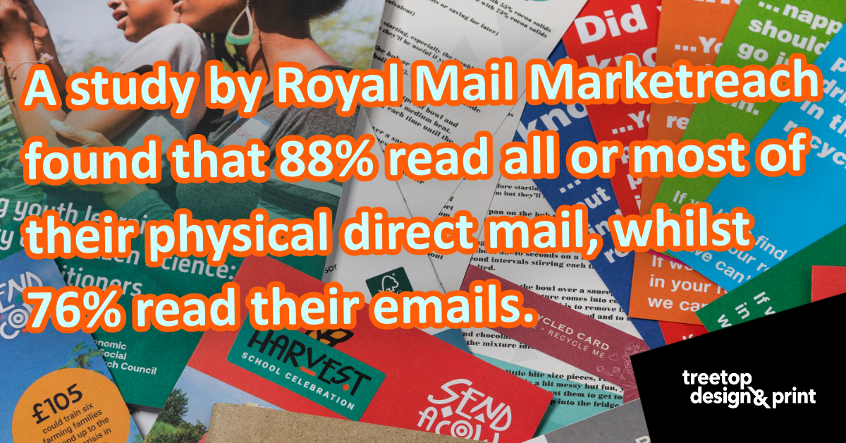 A recent study by #RoyalMail Marketreach found that 88% read all or most of their physical direct mail, while 76% read their emails, reporting that #DirectMail still proves to be the leading attention-grabbing medium. 01293 863131 treetopdesignandprint.com/services/maili…
#mailing #fulfilment
