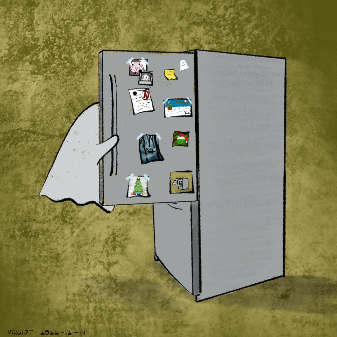 Day 14 of Ghostcember! A Ghostly Midnight Snack! This cute little ghost has a bunch of fun drawings on their fridge that were drawn by their friends! (The friends of <a href="/GlitteringGh0st/">Ghostie 👻</a> include <a href="/taurielxaela/">Emily Tauriel 🧡🌟 Indie Author/Vtuber</a>, Jonny Hyrulian, Spooky Ghost, and Halefa.) #DrawEveryDay #DigitalArt #Draw