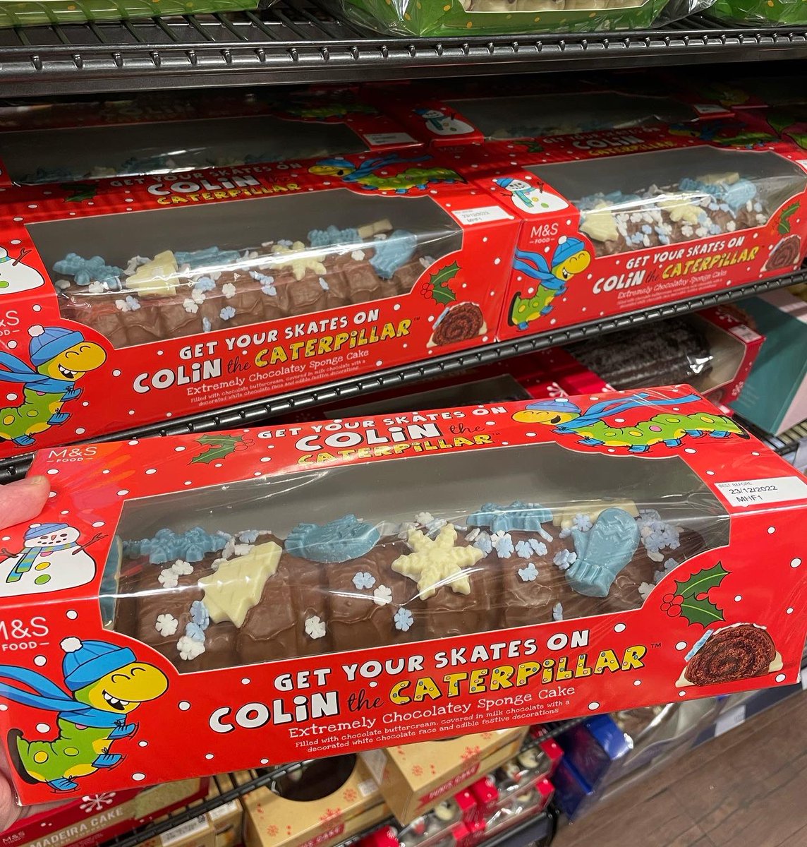 All_Things_New_'s tweet photo. Get Your Skates On Colin the Caterpillar Cake! ⛸️🐛 At M&amp;S @marksandspencer #mands #mandsfood #colinthecaterpillar #cake #chocolate #getyourskateson #festive #christmas #wellthisisnew https://t.co/Kl5PyNoL6U