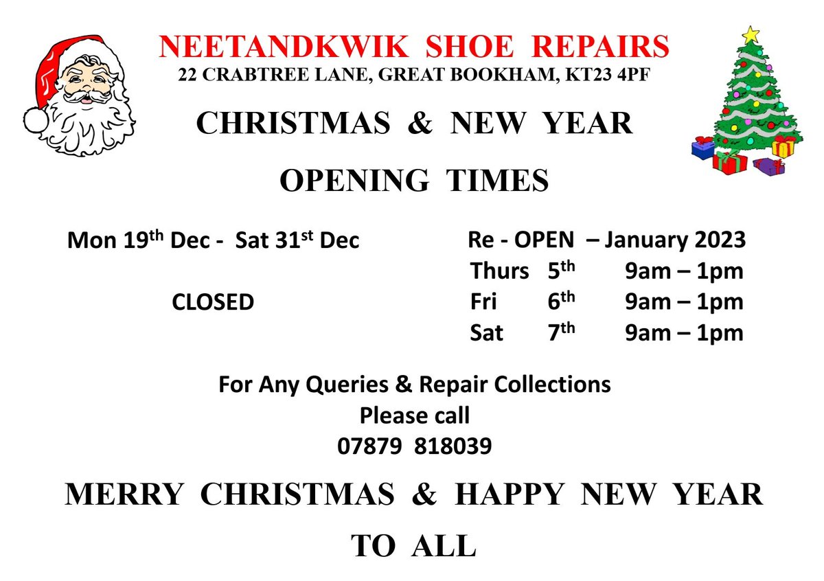 NEETANDKWIK REPAIR SHOP
🎅🎄Christmas Open Hours🎄🎅
Please note that our workshop in Crabtree Lane will be open this week (Thurs 15th-Sat 17th 9am-1pm) &amp; then closed for the festive period. Any repairs or queries, please pop into Casseldens Shoes or contact us on 07879 818039 🎅