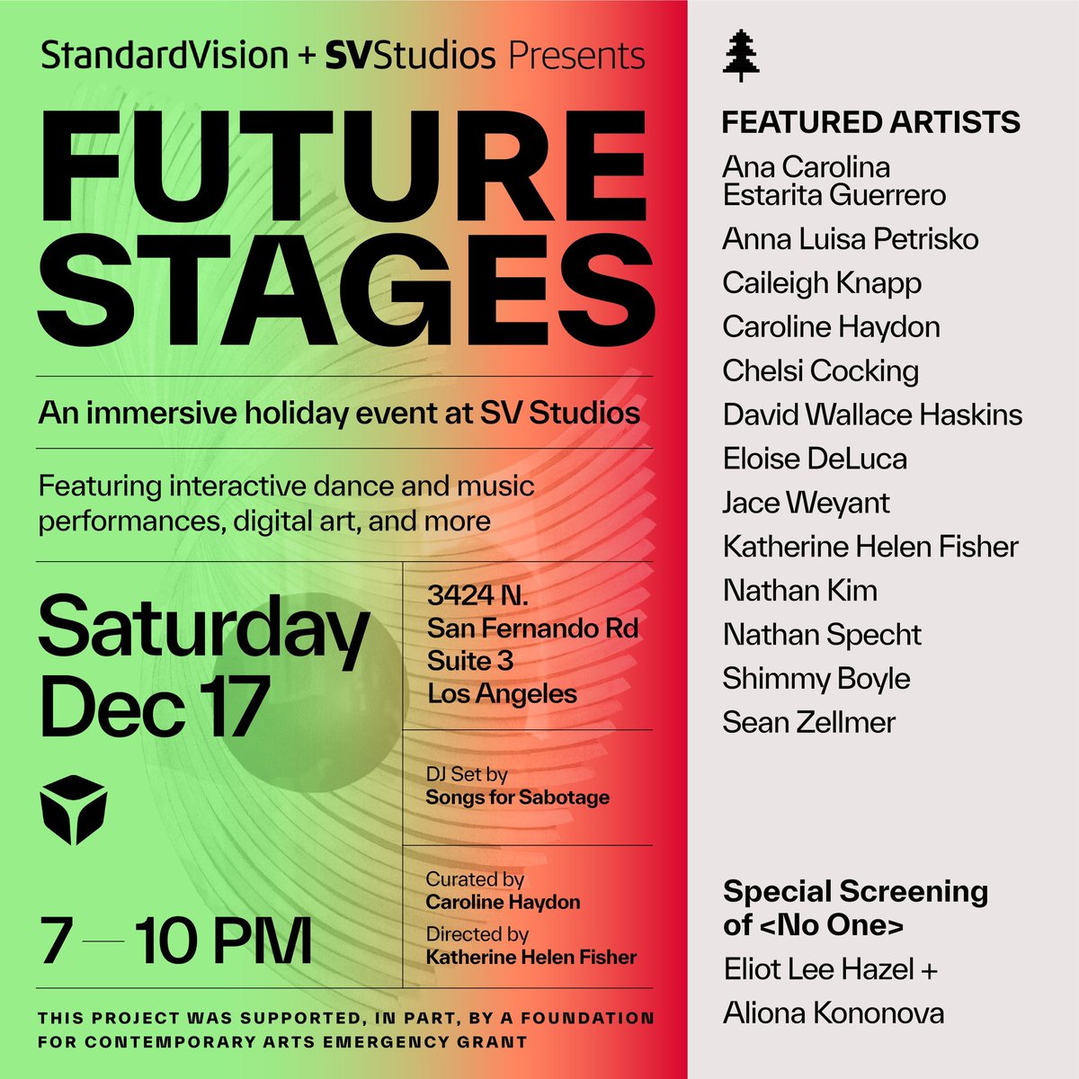 Our partners @standard_vision and @sv__studios present FUTURE STAGES, an immersive evening at SVStudios filled with interactive dance and music performances, digital art, film screenings and more. 

DJ set by @Songs4Sabotage 

See you there this Saturday: bit.ly/FUTURESTAGES
