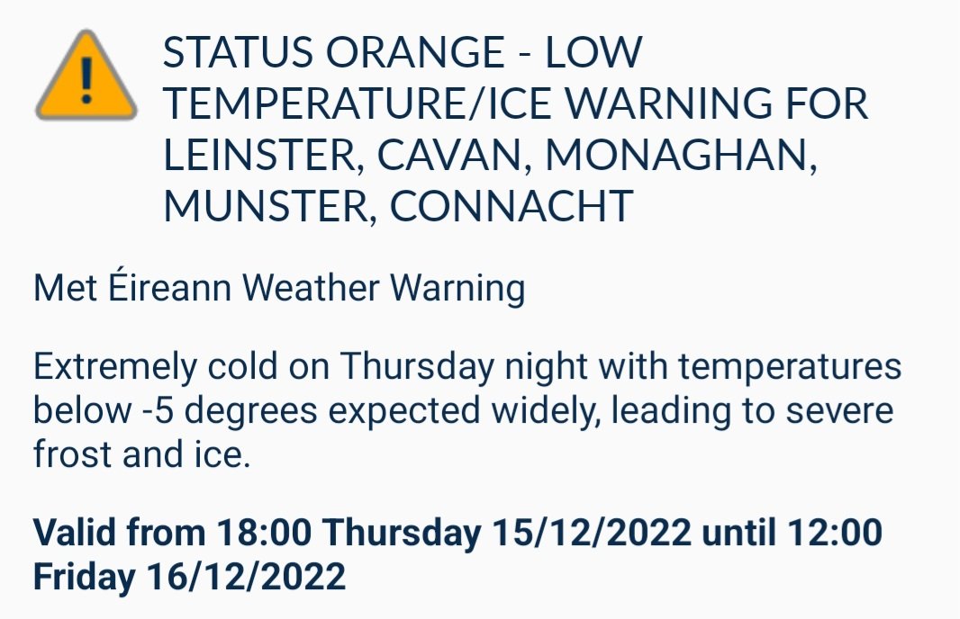 MetAlertIreland's tweet photo. UPDATE LOW TEMP WARNING
Coastal counties of Leinster will be under a yellow advisory overnight tonight (Wed) due to a moderating onshore breeze. Please note that a new Nationwide #ORANGE warning is in place from Thurs night to Friday midday. Temps of -5C to -9C. #MetAlertIreland https://t.co/beRNT0YYEg