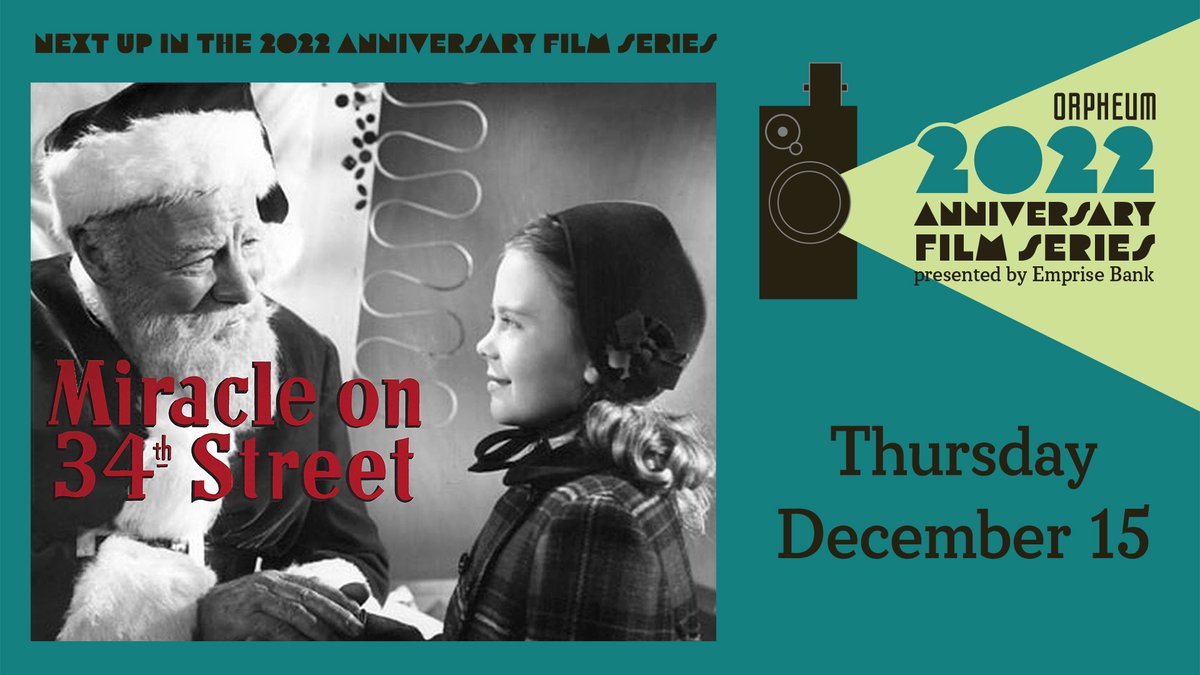 Wichita Orpheum Theatre (@wichitaorpheum) on Twitter photo "Christmas isn't just a day, it's a frame of mind."
Our 2022 Anniversary Film Series, presented by <a href="/EmpriseBank/">EmpriseBank</a>, comes to a close TOMORROW with "Miracle on 34th Street". Be sure to come early, we have pre-show fun planned to get you in the Christmas frame of mind!
(1/2) "Christmas isn't just a day, it's a frame of mind."
Our 2022 Anniversary Film Series, presented by <a href="/EmpriseBank/">EmpriseBank</a>, comes to a close TOMORROW with "Miracle on 34th Street". Be sure to come early, we have pre-show fun planned to get you in the Christmas frame of mind!
(1/2)