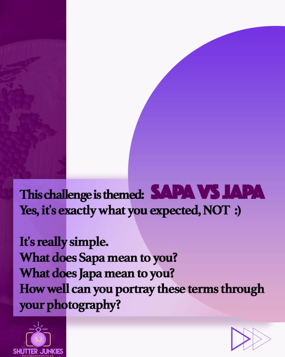 Shutterjunkies_'s tweet photo. It's really simple.
What does Sapa mean to you?
What does Japa mean to you?
How well can you portray these terms through your photography? https://t.co/8s6xkJuGSJ