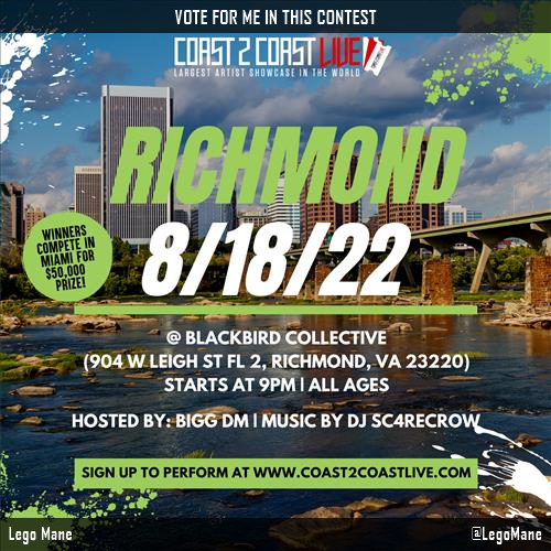 LegoMane's tweet photo. Vote for me to perform for  $50,000 in Prizes!  at #Richmond All Ages 12/15/22! https://t.co/F8dupjuAon #Coast2Coast https://t.co/stwTU4RLGq