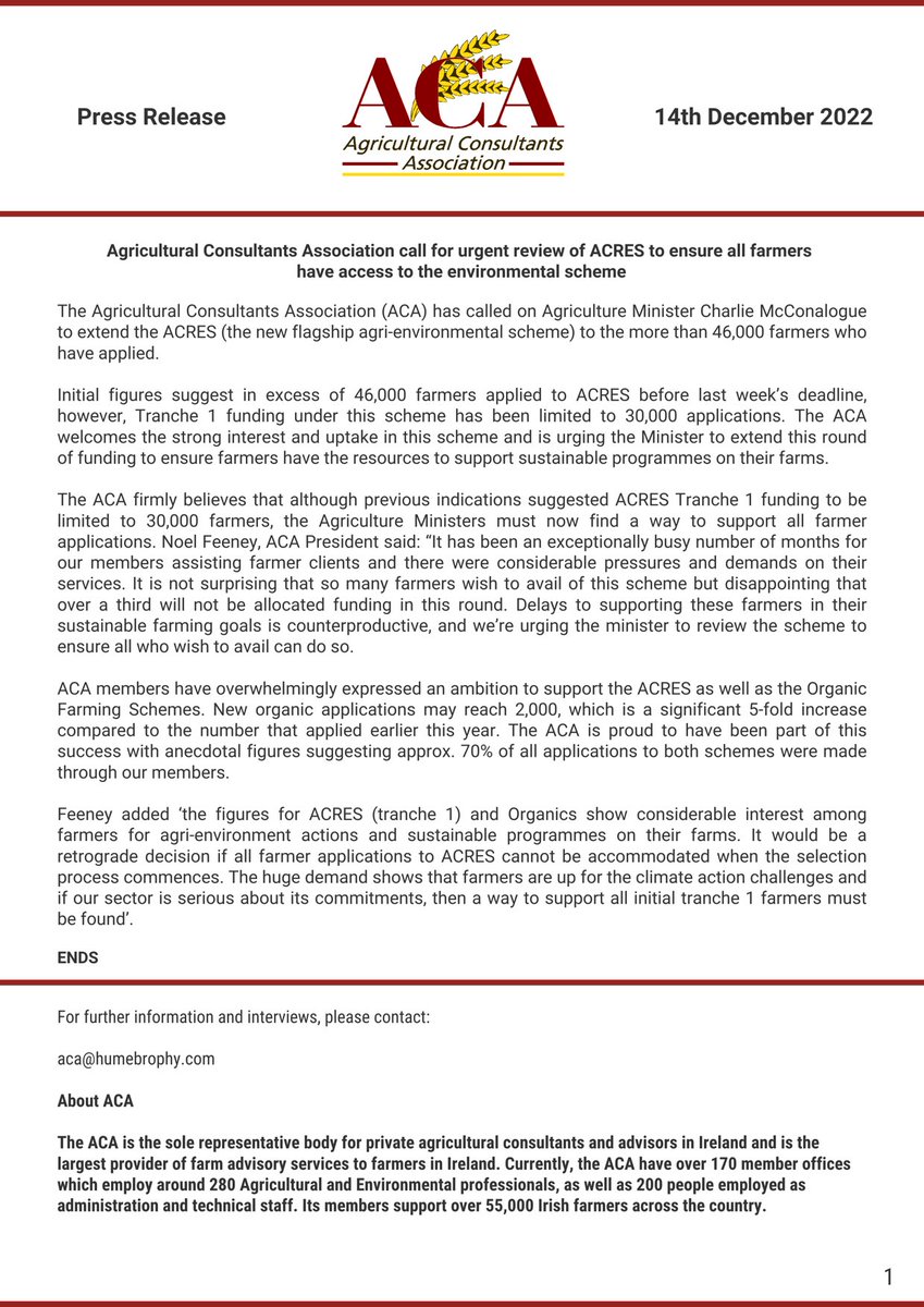 ACA call for urgent review of ACRES to ensure all farmers have access to the agri environmental scheme ⁦<a href="/martincrowe/">martin crowe🐄</a>⁩ ⁦<a href="/MartinHefferna1/">Martin Heffernan</a>⁩ ⁦<a href="/Maireadagri/">Mairead 🐄🐑🚜</a>⁩⁩ ⁦⁦<a href="/LauraIJohnston/">Laura Johnston</a>⁩ ⁦<a href="/owenodriscoll/">Owen O'driscoll</a>⁩