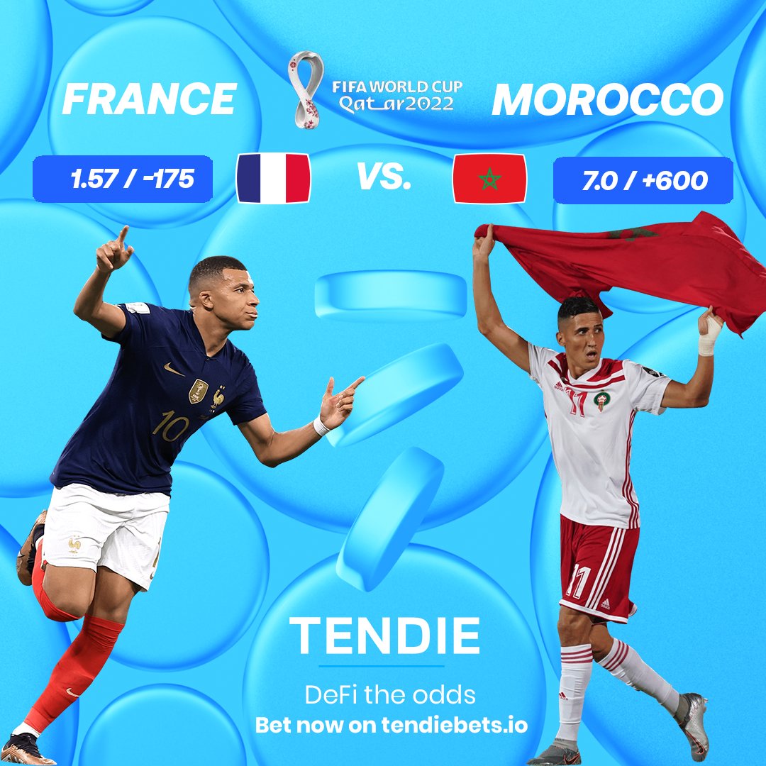 The second semi-final match of <a href="/FIFAWorldCup/">FIFA World Cup</a> between France &amp; Morocco begins in less than 1 hour! Place your BETS NOW on the next-gen betting platform 👉 bit.ly/fra-moro

#defitheodds #arbi #tendiebets