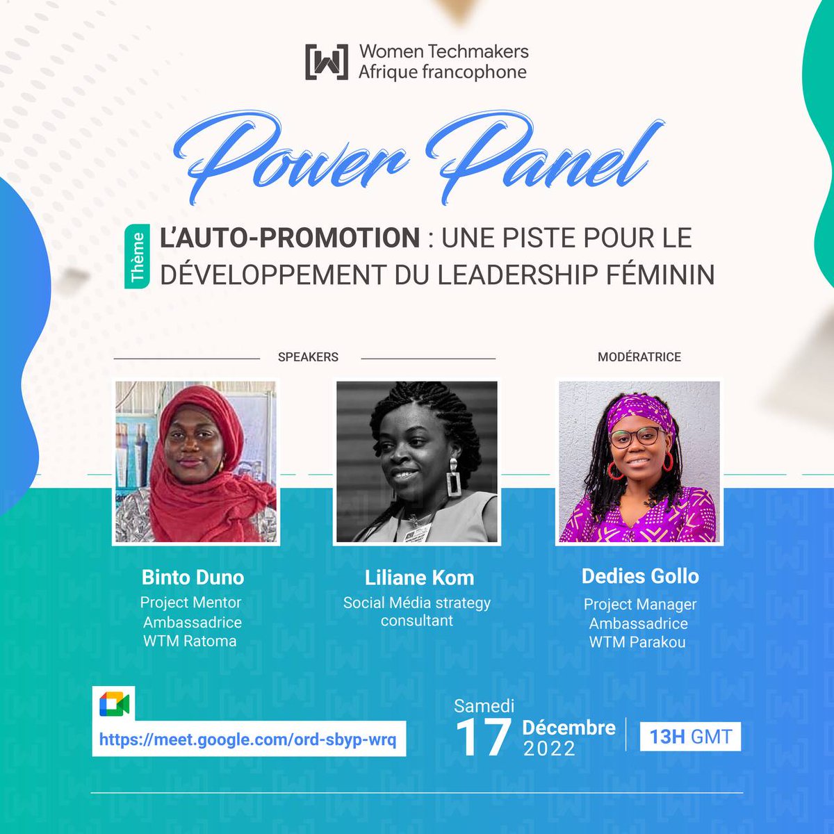 WomenTechMaker5's tweet photo. Hello à tous
Nos panélistes sont désormais connus envoyez vos questions pour que l'échange soit plus direct et plus vivant
https://t.co/5OkCG35jjP
N'oubliez pas de réserver vos tickets ce sera ce samedi 17 décembre à 13h GMT
https://t.co/4L8siarsVp
#SSAPowerPanel
#SSAWTM https://t.co/yDC7mr5THd