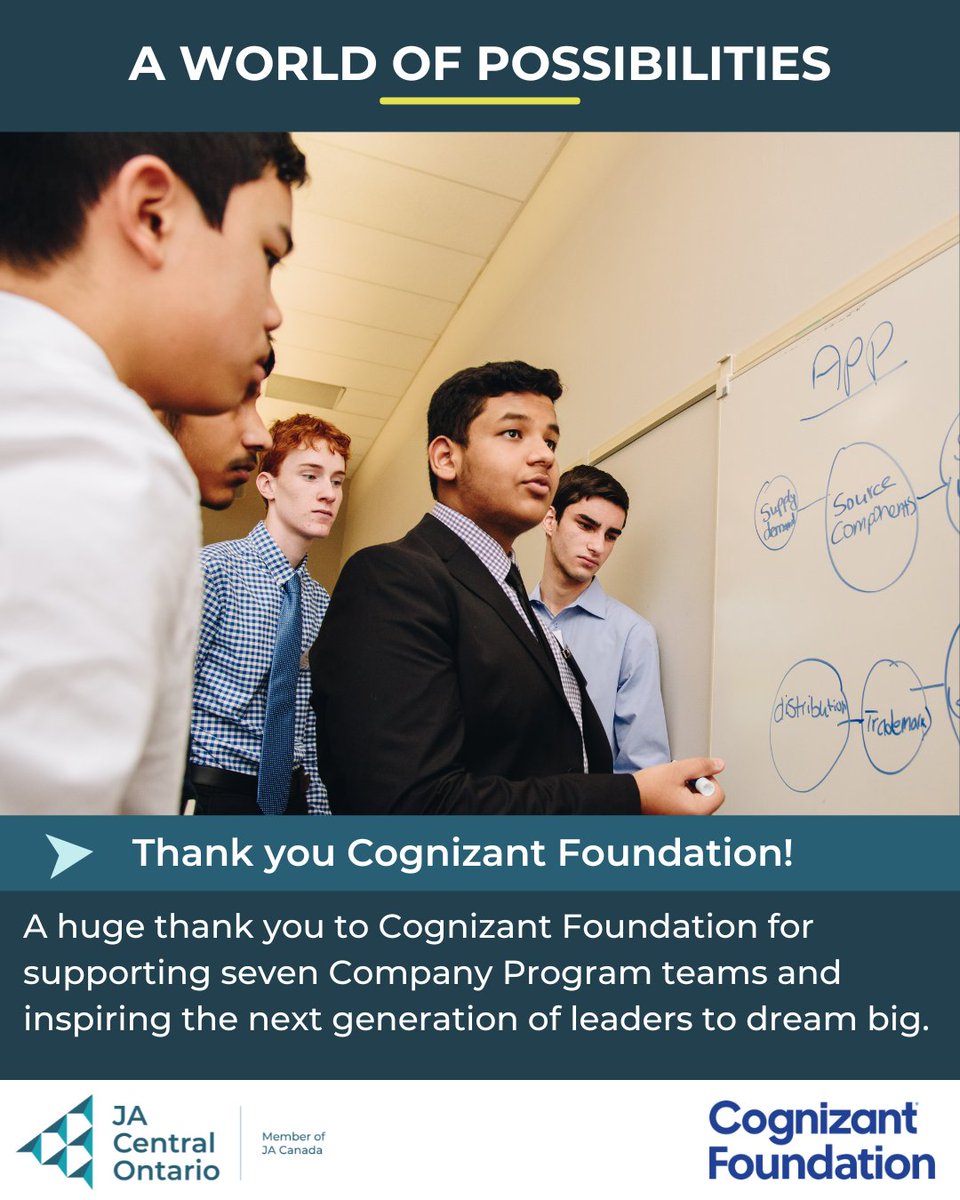 JA Central Ontario (@jacentralon) on Twitter photo JA Company Program is where #business and #education meet - empowering the next generation of young entrepreneurs to build something incredible!
-
Thanks to the generous support from partners like the <a href="/CognizantFdn/">Cognizant Foundation</a>, we're creating a world of possibilities for young people! JA Company Program is where #business and #education meet - empowering the next generation of young entrepreneurs to build something incredible!
-
Thanks to the generous support from partners like the <a href="/CognizantFdn/">Cognizant Foundation</a>, we're creating a world of possibilities for young people!