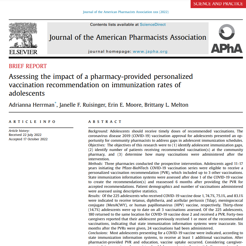 JAPhAJournal's tweet photo. IN PRESS: Community Pharmacist Intervention: Assessing the Impact of a Pharmacy Provided Personalized Vaccination Recommendation on Immunization Rates of Adolescents.
#TwitteRx #Pharmacists #Residency2023 
https://t.co/3wauaJziqZ https://t.co/ViRqLceOTU