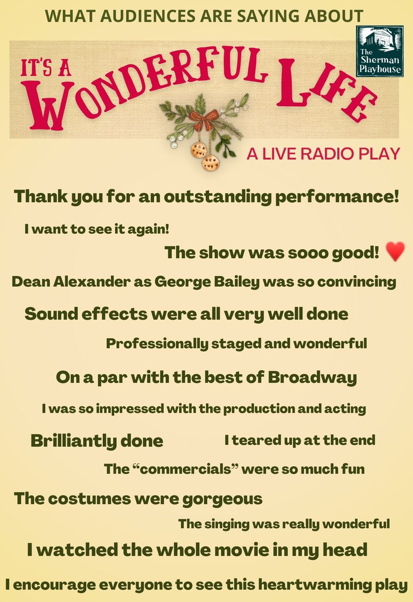 "Brilliantly Done!" "I Teared Up!" "I Want to See it Again!"

See what else our opening weekend audience had to say about IT'S A WONDERFUL LIFE: A Live Radio Play.

Only 3 more chances to see the show this coming weekend.

Tix at shermanplayers.org/buy-tickets

Don't miss out!