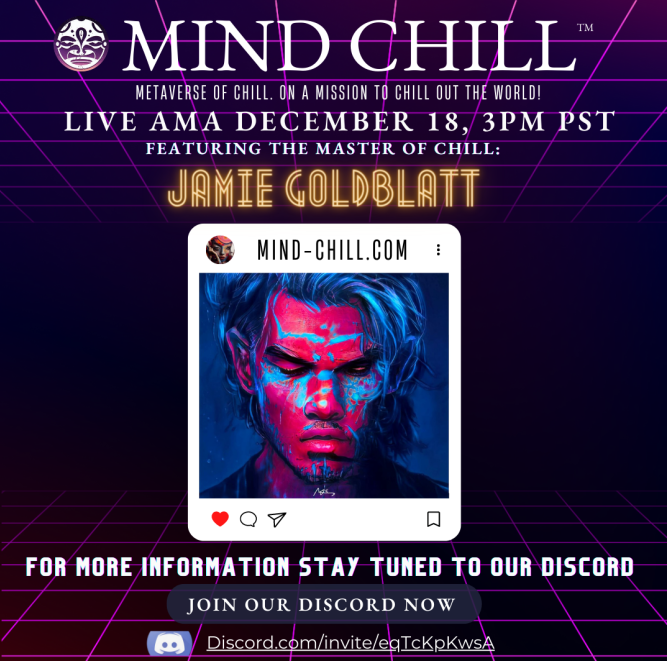 Pat98501's tweet photo. Mind CHILL -- Supporting Mental Health
Please join us this Sunday for an AMA with our founder! Hear about our Guardians, Islands, Metaverse and Purple Paper.
Discord: https://t.co/mKMXOAIlp6
#mentalhealth #nft #metaverse #chilltoearn #kindness_is_fiat https://t.co/QYh1rg7rdk