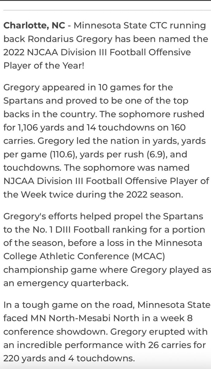 PoohPoohG2's tweet photo. I’m truly honored and blessed to be named the 2022 NJCAA DIII OPOY. This wouldn’t be possible without God and support from family. I’m letting the country know I am here and my name is Rondarius “PoohPooh” Gregory 📝🤲🏾 #AGTG #shockdaworld https://t.co/KAjFLN6mz6