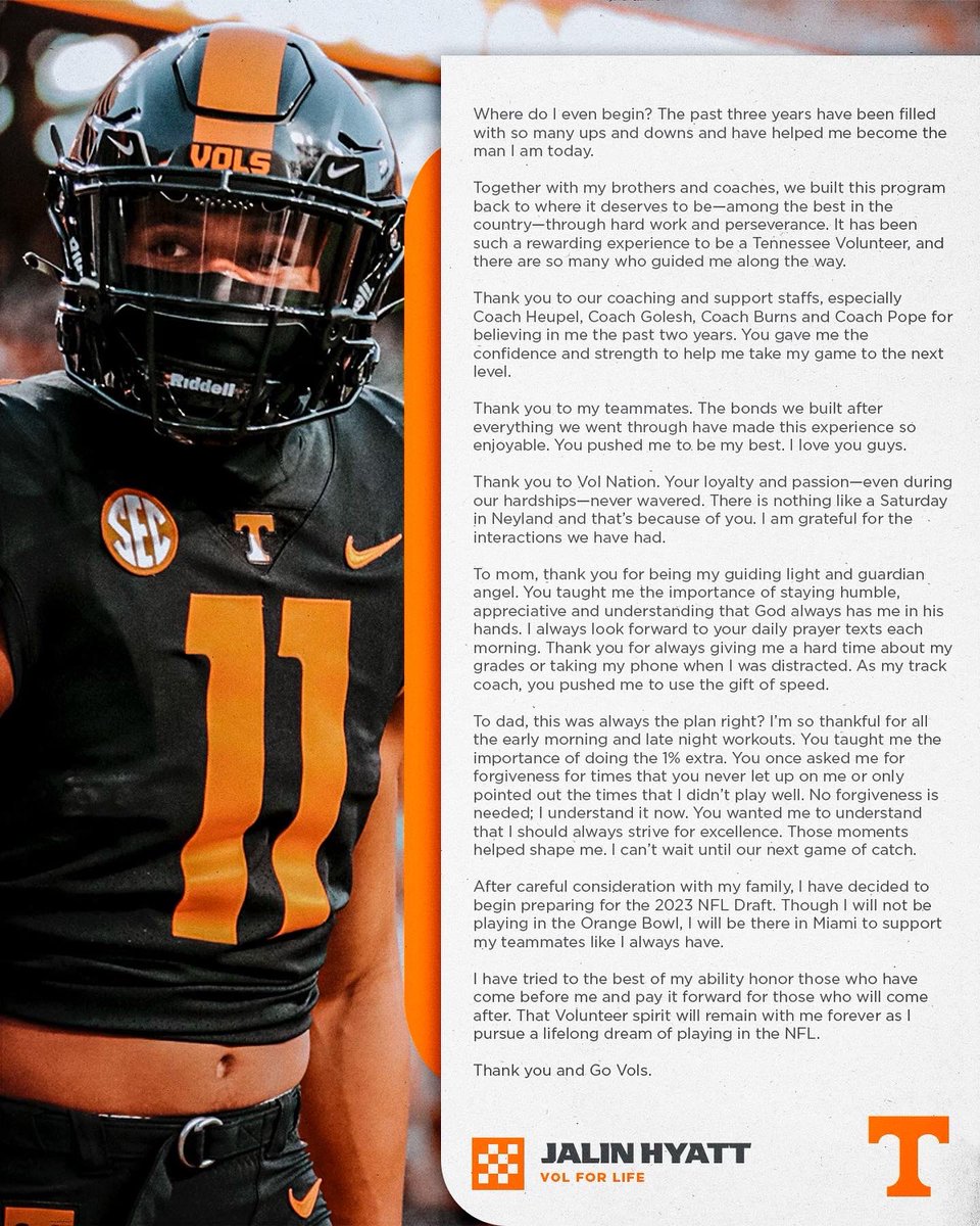Jalin Hyatt (@jalinhyatt) on Twitter photo So thankful for my <a href="/Vol_Football/">Tennessee Football</a> teammates, coaches and all of Vol Nation. It’s been an amazing ride. After careful consideration, I have decided to begin preparation for the 2023 NFL Draft. #VFL 🙏 So thankful for my <a href="/Vol_Football/">Tennessee Football</a> teammates, coaches and all of Vol Nation. It’s been an amazing ride. After careful consideration, I have decided to begin preparation for the 2023 NFL Draft. #VFL 🙏