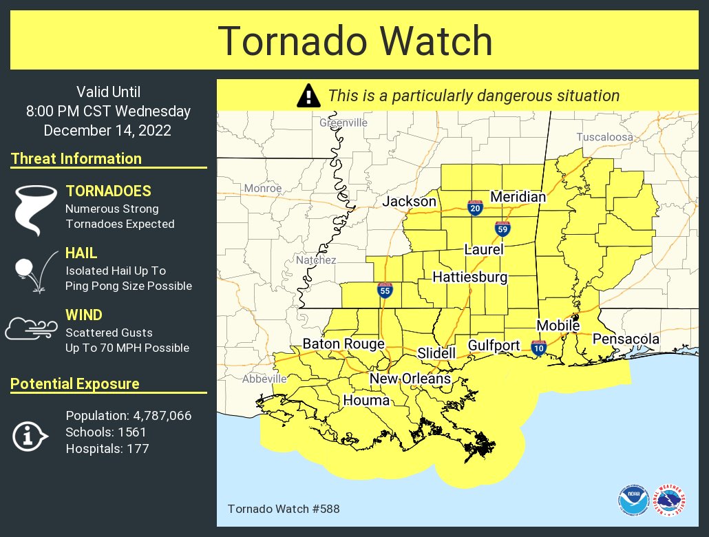NWStornado's tweet photo. A tornado watch has been issued for parts of Alabama, Louisiana and Mississippi until 8 PM CST https://t.co/Du7FmwbVaf