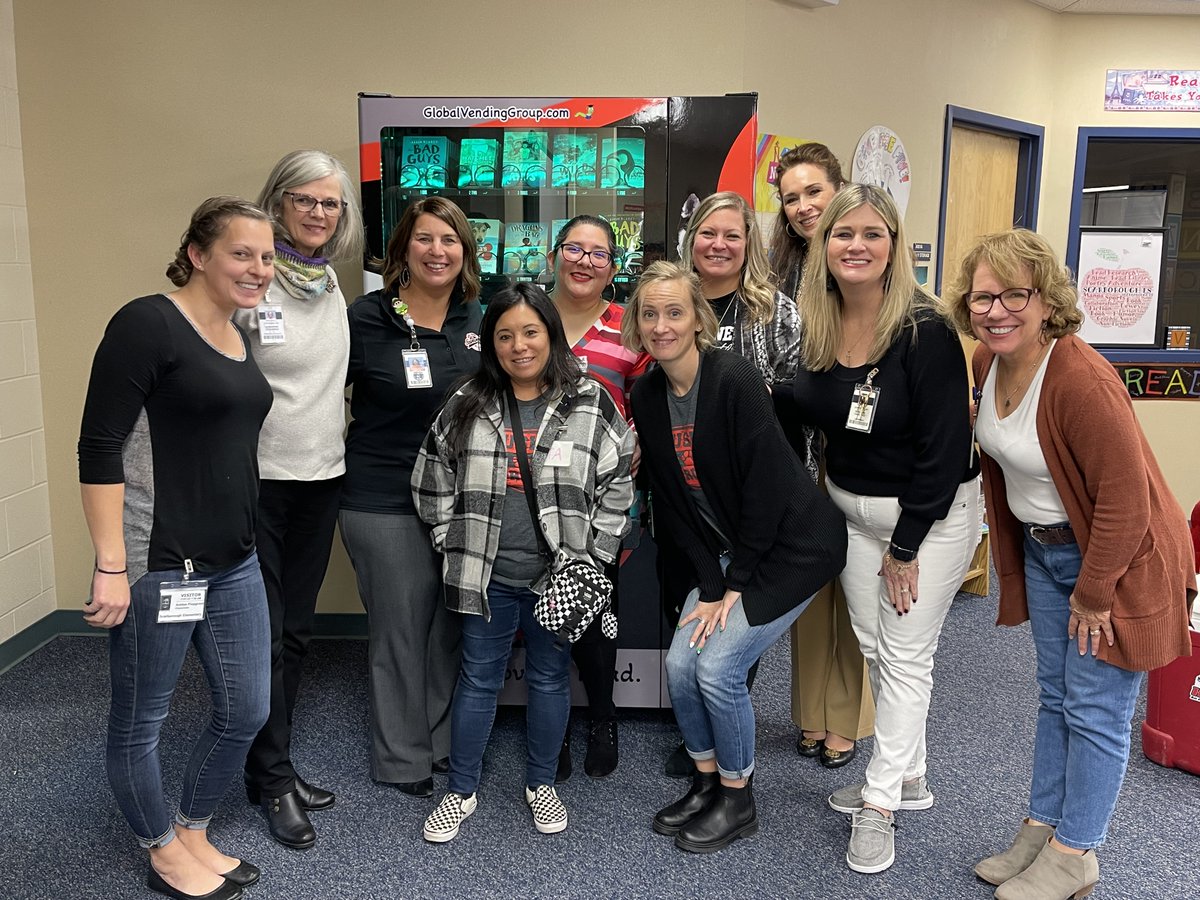 NISD's tweet photo. A new vending machine purchased by the PTA at @NISDScarborough looks a little different than you might expect. It’s a vending machine stocked with books,to promote positive behavior and foster a love for reading. 

#NISDignited https://t.co/fyawduq2Yq