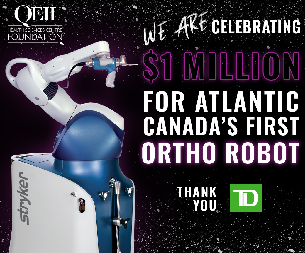 QEIIFoundation's tweet image. TD's generous $1-million donation to the QEII Foundation will support Atlantic Canada’s first orthopaedic surgical #robot – and the affiliated research – at the #QEII. Thank you, @TD_Canada, for your incredible #generosity! 💜 Learn more: bit.ly/3Fse2UW