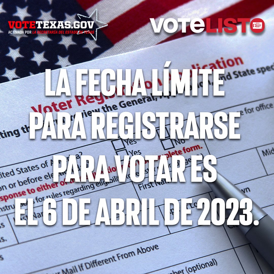 VoteTexas's tweet photo. ¡Nunca es demasiado pronto para prepararse para qué #VoteListo! Regístrase antes del 6 de abril de 2023 para votar en las elecciones locales del 6 de mayo de 2023. Visite https://t.co/Twmt6uq84T para obtener más información sobre el registro de votantes. #VoteTexas #ReadyToVoteTX https://t.co/UJZnN38xQn