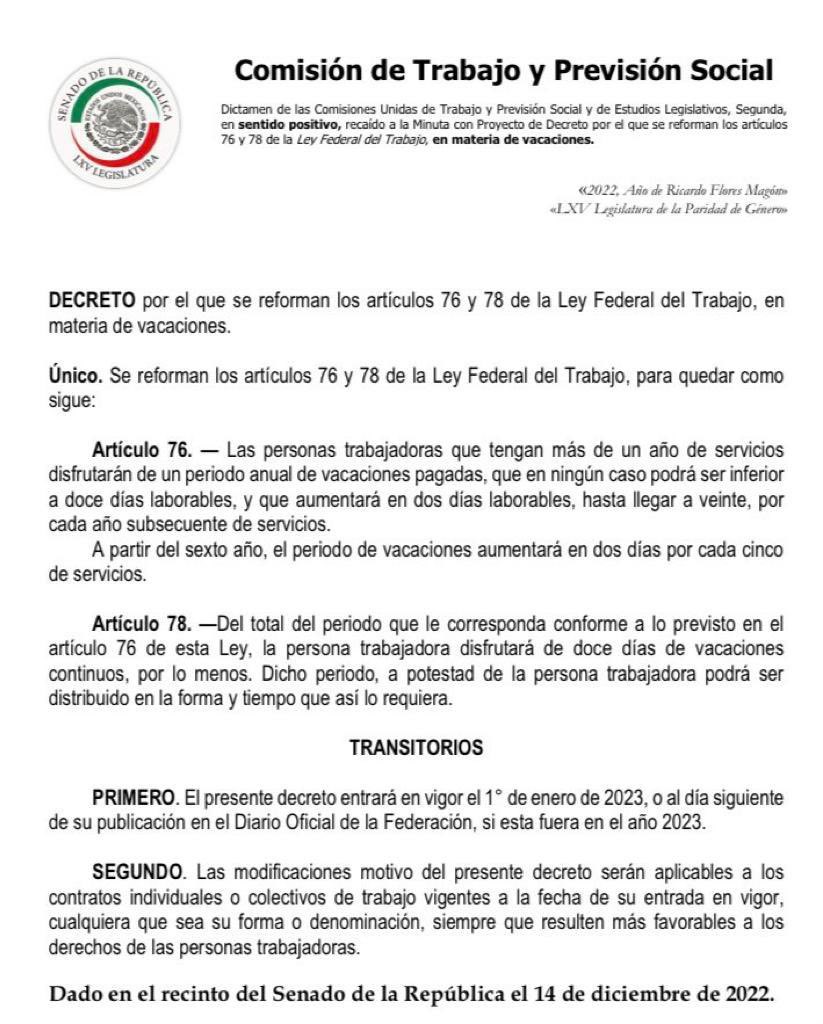 pacocolunga's tweet photo. Aprobado el proyecto de decreto de #vacacionesDignas en comisiones, falta que sea sesionado por el pleno del @senadomexicano. Así quedarán los artículos 76 y 78 de la LFT: https://t.co/DfemFwOfEh