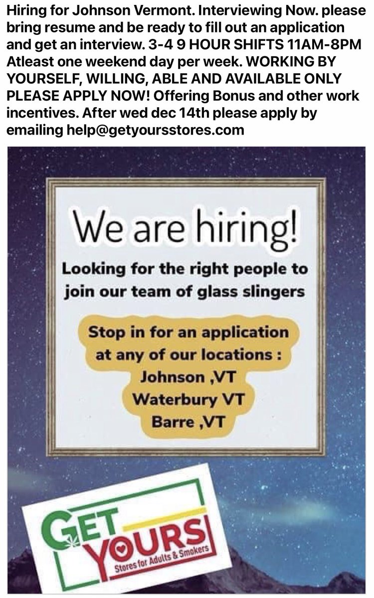 GetYoursStoreVT's tweet photo. NOW HIRING FOR JOHNSON VERMONT LOCATION #JohnsonVT https://t.co/EOw58hIRKz