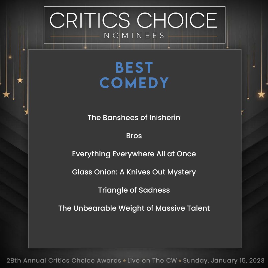 Wow! This is very cool. Huge thanks to the @CriticsChoice for nominating BROS for Best Comedy! We are honored to be in such great company. ❤️