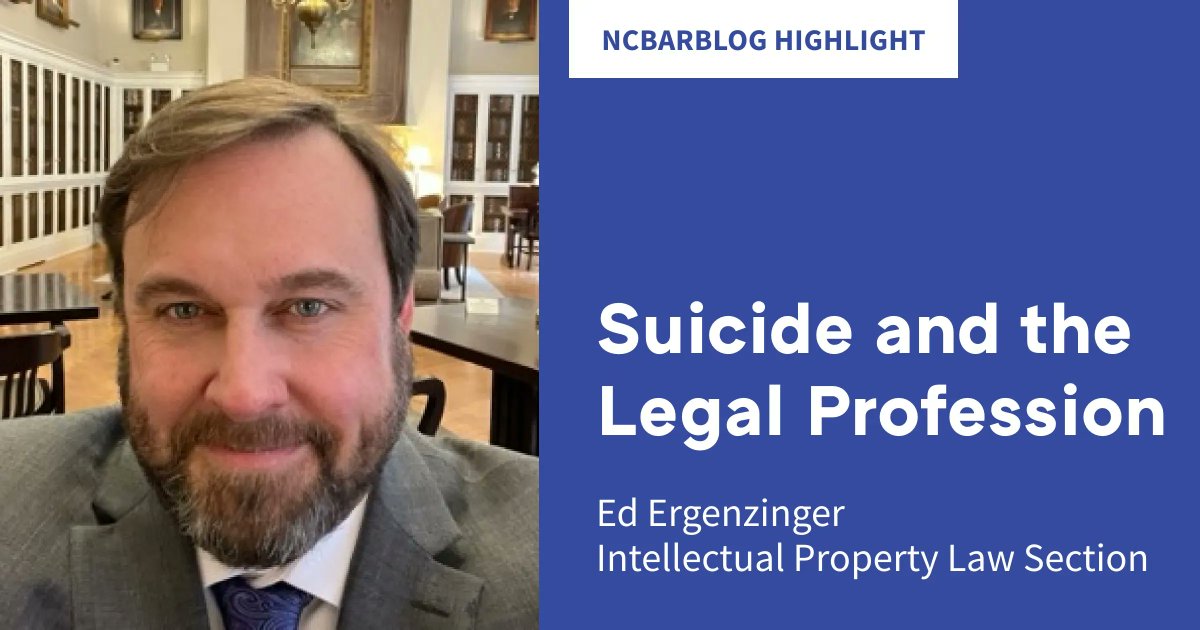 NCBAorg's tweet image. Earlier this year, a survey of lawyers and staffers revealed that 19% of respondents contemplated suicide at some point in their careers. On the #NCBarBlog, Ed Ergenzinger discusses eliminating the stigma around suicide and mental health: buff.ly/3VHzpc3.