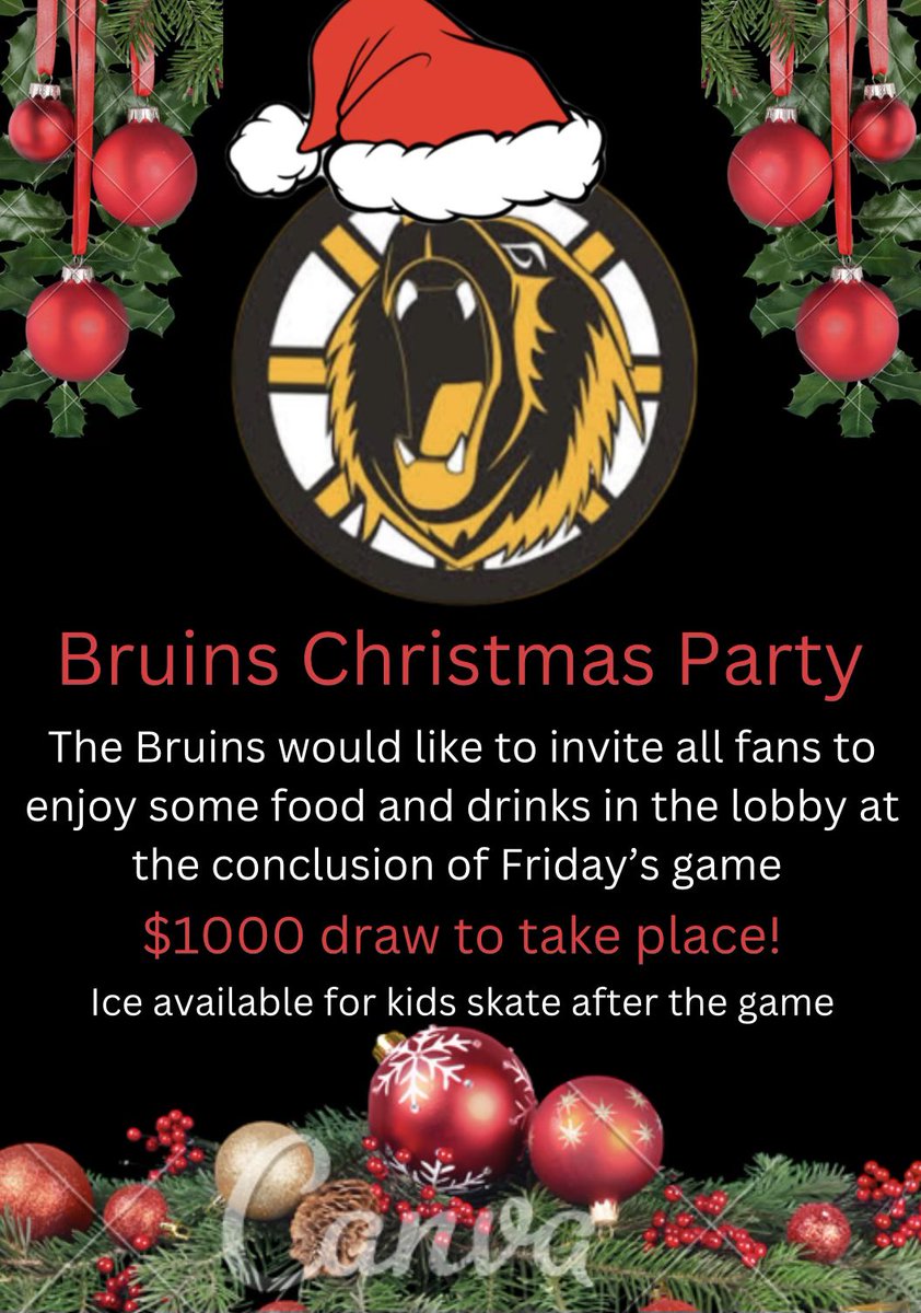 The Bruins will be back in action at home this Friday against @19ershockey! A big thanks to TNT Roofing for the game sponsor and The Rack for a guaranteed $300 50/50! Make sure to stick around after for the Christmas party