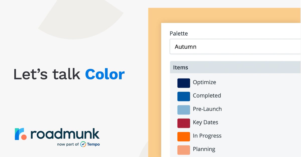 New Feature: Unique color palettes boost your roadmaps' visual appeal! Try new Autumn, Neon, or Ocean palettes, plus explore Roadmap Owner controls to ensure your colors say exactly what you want them to. Learn more: bit.ly/3uxkYew