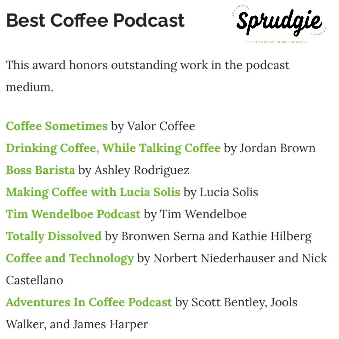 🎧🎉 #Podcast News: Adventures in Coffee has been nominated for ‘Best Coffee Podcast’ in this years #SprudgieAwards! Please take a moment to vote for us here: sprudge.com/vote - thank you! ☕️❤️ #Sprudgies 🏆