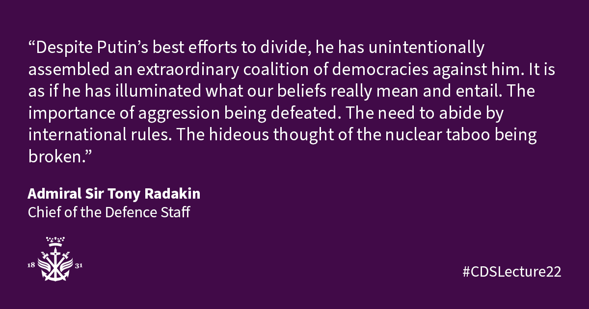 RUSI_org's tweet photo. During his address, @AdmTonyRadakin_ also comments on why Russia is losing its war against Ukraine.
You can watch the full address here: https://t.co/0jvcUcUEBs
#CDSLecture22 https://t.co/LKeBtC4dkh