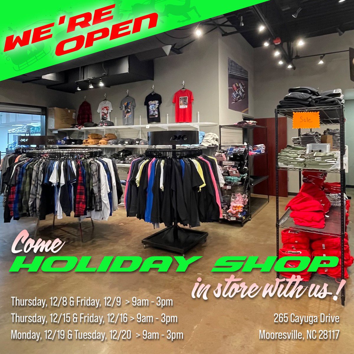 We’re open for in-person shopping tomorrow and Friday! Stop by and shop any of our retail merch. 🎁

<a href="/ShopKyleLarson/">Shop Kyle Larson</a> | <a href="/kaseykahne/">Kasey Kahne</a> 
<a href="/Alex_Bowman/">Alex Bowman</a> | <a href="/BradSweet49/">.</a> 
<a href="/Bobby_Labonte/">Bobby Labonte</a> | <a href="/factorykahne/">Factory Kahne Shocks</a> 
<a href="/bmracing19/">Brent Marks</a> | <a href="/JamesMcFadden25/">James McFadden</a> 
<a href="/KKRdirt/">Kasey Kahne Racing</a>