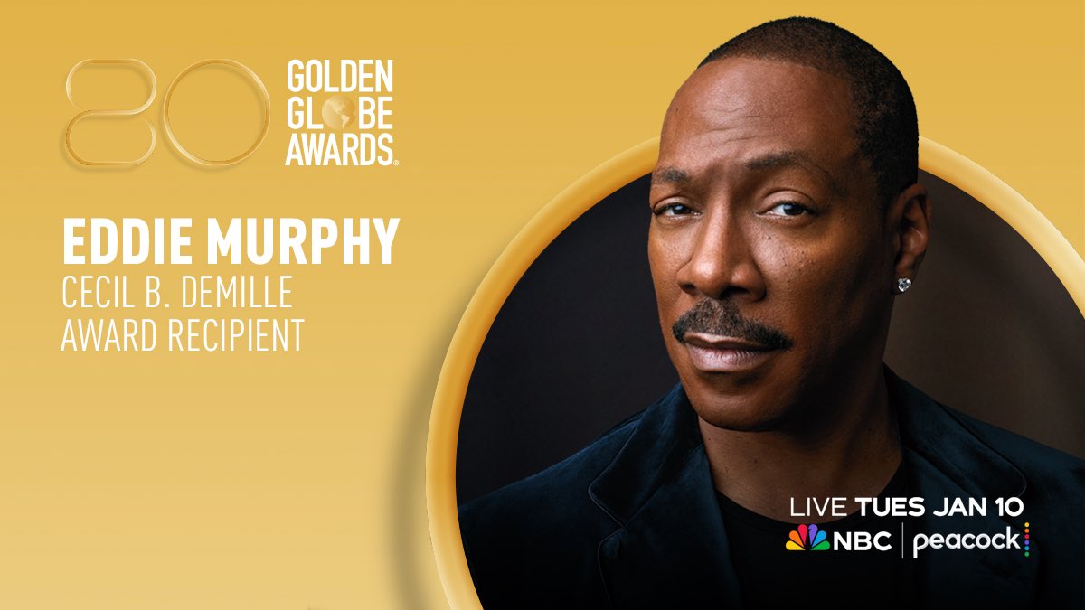 goldenglobes's tweet photo. Honoring an entertainment career that spans five decades, Eddie Murphy will receive the Cecil B. DeMille Award at this year’s #GoldenGlobes!

Tune-in Tuesday, January 10 at 8pm ET / 5pm PT on @nbc and @peacock 🏆 https://t.co/bNromwJlwz