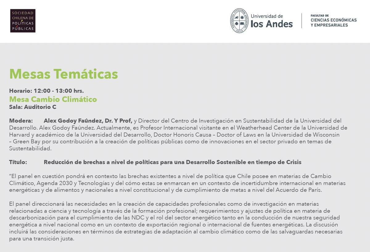 Este viernes me toca el honor de moderar en el Seminario Sociedad Chilena de Políticas Públicas la mesa de Cambio Climático con <a href="/marcelomena/">Marcelo Mena-Carrasco 🚲♻️ 🇨🇱</a> <a href="/CarolinaUrmene1/">Carolina Urmeneta</a> <a href="/analiaenergia/">Ana Lia Rojas</a> <a href="/anniedufey/">Annie Dufey</a> y Alberto Vergara uandes.cl/eventos/semina… <a href="/HarvardWCFIA/">Weatherhead Center for International Affairs</a> <a href="/ScholarsWCFIA/">Weatherhead Scholars Program</a> <a href="/Harvard/">Harvard University</a>