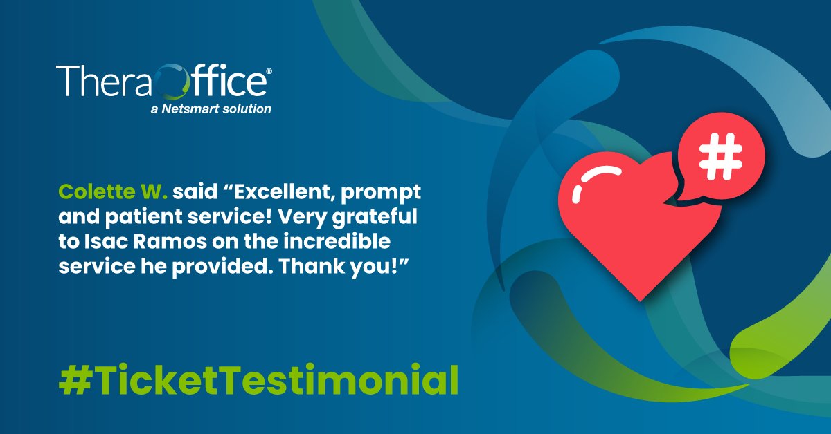 🙂Ticket Testimonial🙂

Excellent, prompt &amp; patient...exactly what we like to hear!! From simple, quick questions to long, more complex situations, our support team is here for you.

#TheraOffice #beyondtheplatform #physicaltherapy #occupationaltherapy #speechtherapy #testimonial