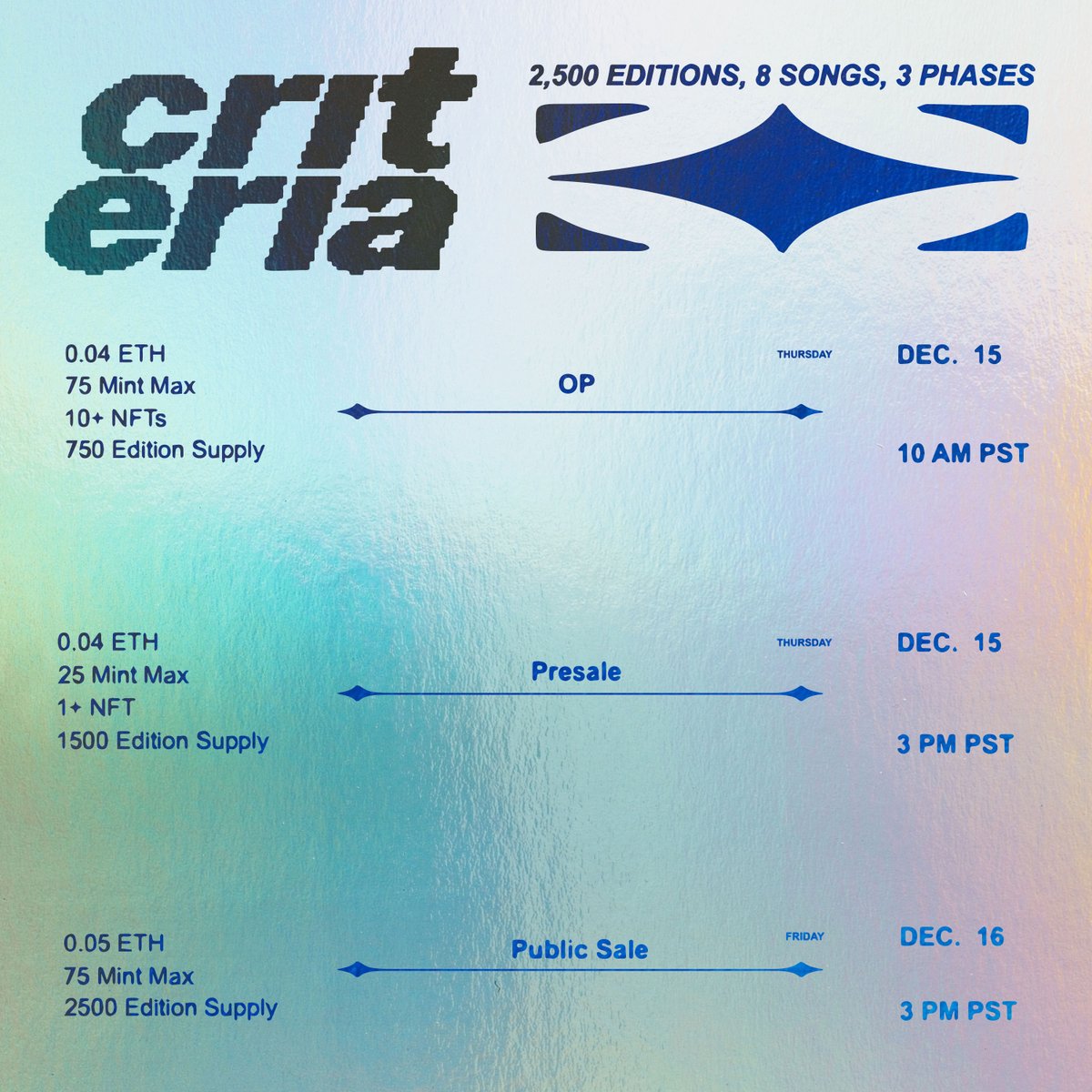 Criteria Mint Details:

- 2500 Editions
- 8 Songs
- 3 Phases

OP and Presale tomorrow.

Public Sale on Friday.

Let's break it down ⬇️